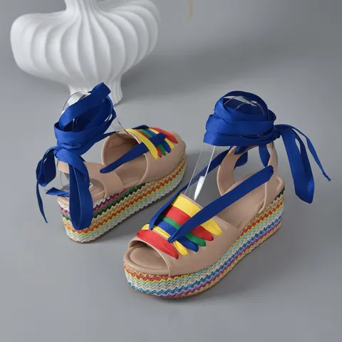 Women Bohemian Rainbow Jute Wrapped Platform Wedge Sandals Royal Blue Satin Lace-up High Heel Summer Roman Shoes