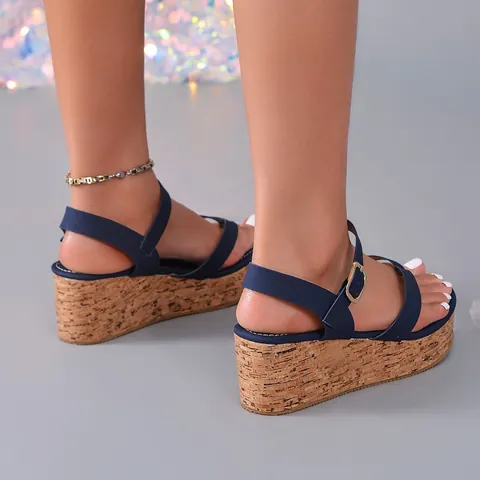 Women Wedge Sandals PU Leather Cork Texture Platform Sandals Ankle Buckle High Heel Summer Casual Beach Sandals