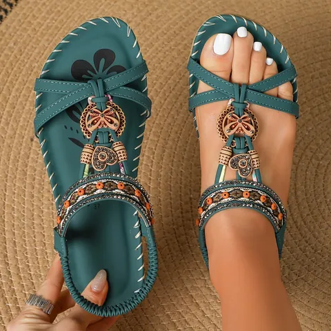 Bohemian Women Flat Sandals With Handmade Wood Beads Rhinestone Bow Summer Beach Sandals Elastic Back Strap Casual Ladies Shoes