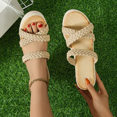 Women's Casual Linen Woven Wedge Sandals Fashion Thick Sole Platform Slippers Summer Outdoor Beach Slip-On Open Toe Shoes