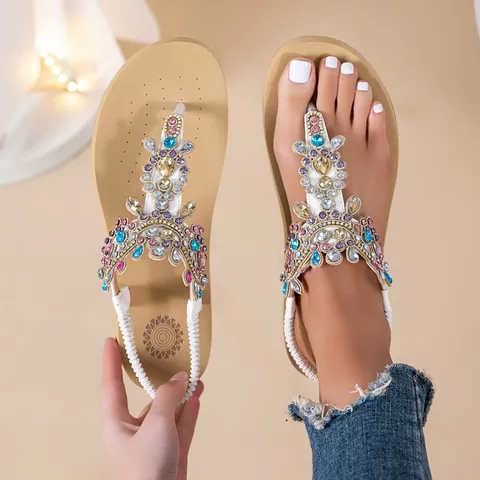 Women Bohemian Colorful Rhinestone Sandals T-Strap Flat Sandals With Elastic Back Strap Comfortable Non-Slip Beach Casual Shoes