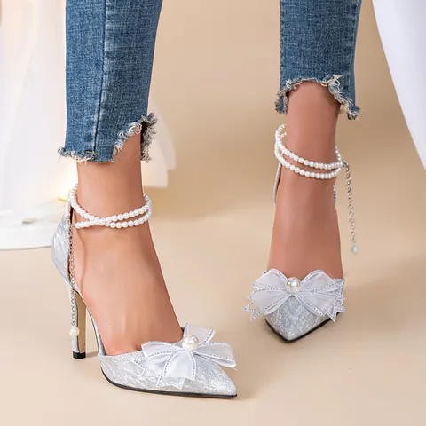 Women Fashion Pointed Toe Stiletto High Heels Silver Glitter D'Orsay Pumps With Bow Artificial Pearl Ankle Strap Party Wedding Shoes