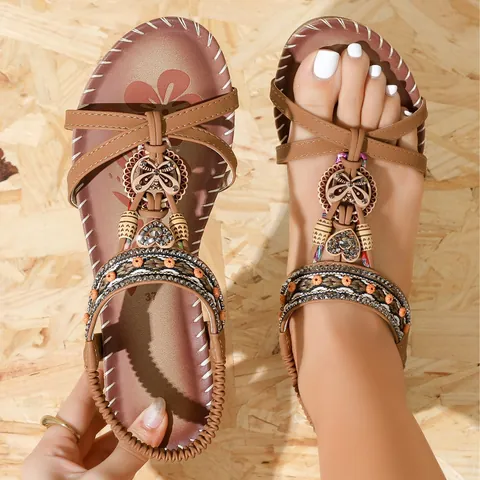 Women Bohemian Wedge Sandals Rhinestone Beaded Floral Beach Shoes Ethnic Style Summer Elastic Back Strap Sandals