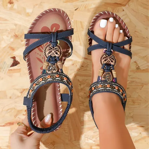 Women Bohemian Wedge Sandals Rhinestone Beaded Floral Beach Shoes Ethnic Style Summer Elastic Back Strap Sandals