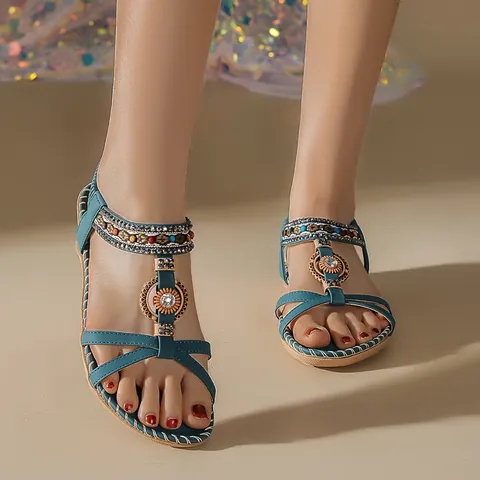 Bohemian Rhinestone Beaded Flat Sandals For Women Summer Ethnic Beach Shoes With Elastic Back Strap Comfortable PU Sandals