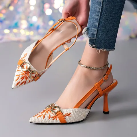 Women Western Fashion Stiletto Heeled Sandals Slingback Pointed Toe Embroidery Floral Pattern Metal Buckle Office Commute Shoes