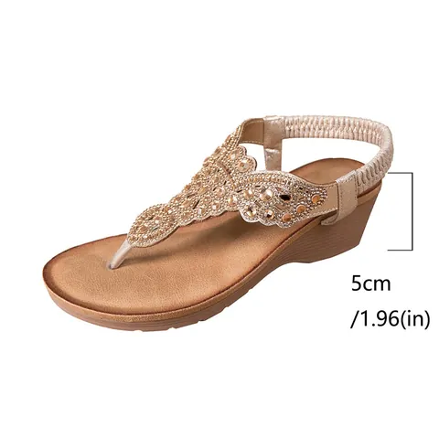 Women's Bohemian Rhinestone Beaded Wedge Sandals Casual Summer Thong Flip Flops with Elastic Back Strap Beach Shoes