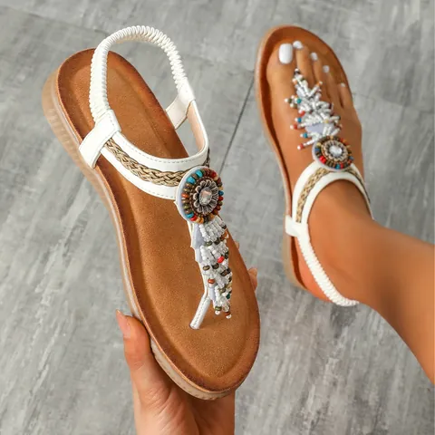 Bohemian Flat Sandals For Women Summer T-Strap Flip Flops With Colorful Beads And Tassels Elastic Back Strap Beach Shoes