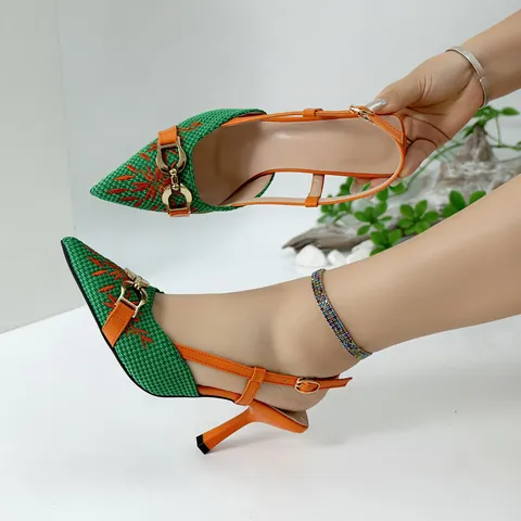 Women Western Fashion Stiletto Heeled Sandals Slingback Pointed Toe Embroidery Floral Pattern Metal Buckle Office Commute Shoes