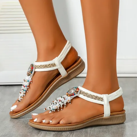 Bohemian Flat Sandals For Women Summer T-Strap Flip Flops With Colorful Beads And Tassels Elastic Back Strap Beach Shoes