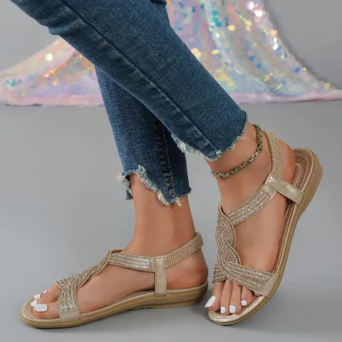Women Flat Beach Sandals Ethnic Style Rhinestone Cross Strap Casual Synthetic Leather Sandals Lightweight Non-Slip Summer Shoes