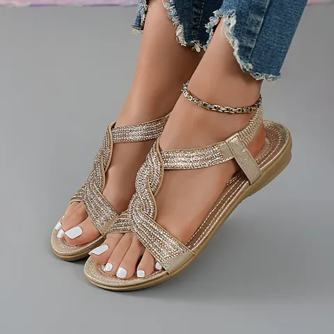 Women Flat Beach Sandals Ethnic Style Rhinestone Cross Strap Casual Synthetic Leather Sandals Lightweight Non-Slip Summer Shoes
