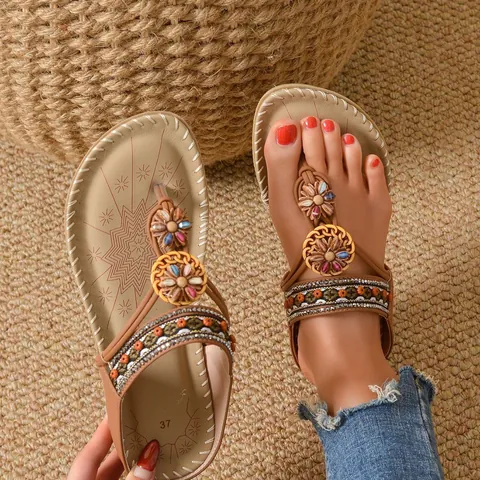 Women Bohemian Rhinestone Flat Sandals Ethnic Microfiber Beaded Embroidery Thong Beach Shoes Comfortable Summer Vacation Footwear Caramel