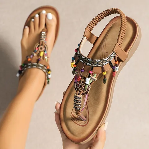 Women Bohemian Ethnic Flat Sandals Summer Beach T-Strap Rhinestone Flip Flops With Elastic Back Strap Comfortable PU Sandals