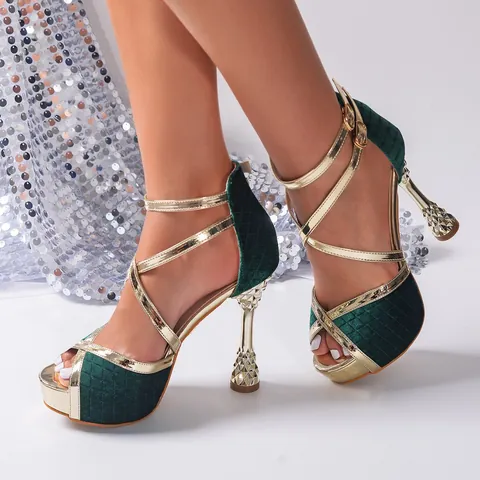 Women's Peacock Green Martini Heel Sandals Gold Trim Platform Ankle Strap Criss-cross High Heels Banquet Wedding Dress Shoes