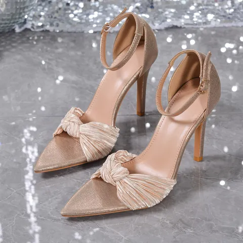 Luxury Champagne Gold Stiletto High Heel Sandals Pointed Toe Pleated Bow Ankle Strap Shimmer Party Pumps For Women