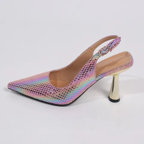 Women Iridescent Laser Snake Pattern Pointed Toe Slingback High Heels Gold Metallic Flared Wine Glass Heel Fashion Sandals