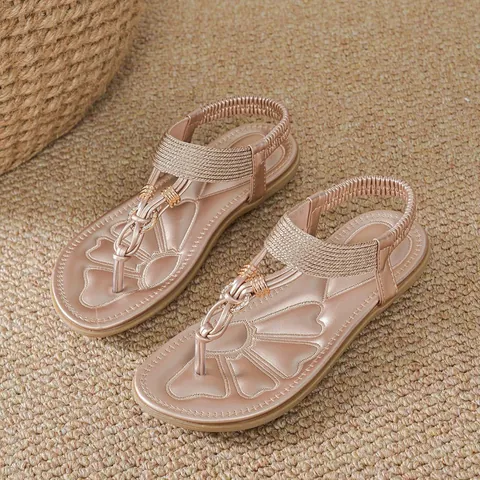 Bohemian Rhinestone Flat Sandals For Women Summer Beach T-Strap Flip Flops Braided Metallic Ring Casual Sandals Dress Shoes