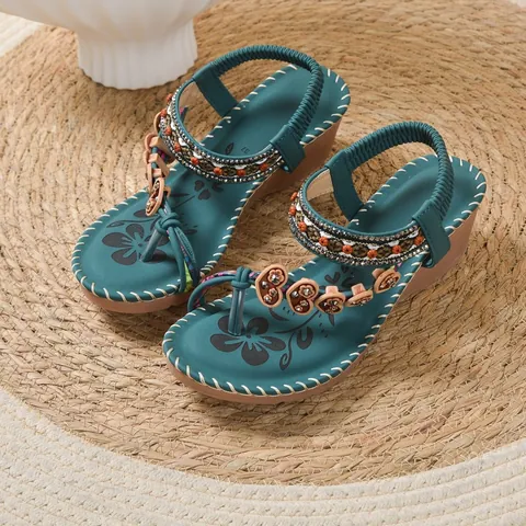 Women Bohemian Wedge Sandals Peacock Green Ethnic Style Colorful Beads Heart Pendant Braided Strap PU Beach Sandals For Vacation