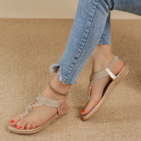 Bohemian Rhinestone Flat Sandals For Women Summer Beach T-Strap Flip Flops Braided Metallic Ring Casual Sandals Dress Shoes