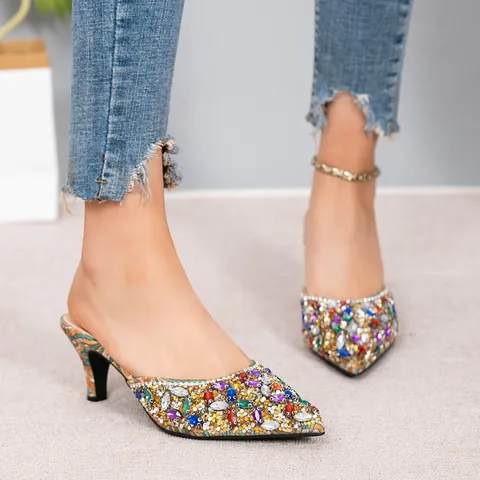 Women's Pointed Toe High Heel Sandals 7cm Stiletto Colorful Rhinestone Mules Patterned Fabric Wedding Party Dress Shoes