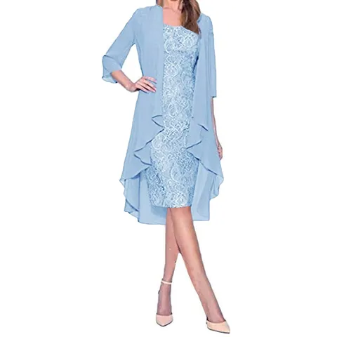 Women Elegant Lace Midi Dress and Chiffon Cardigan Top And Bottom Set for Wedding Guest Party Evening Banquet Slim Fit