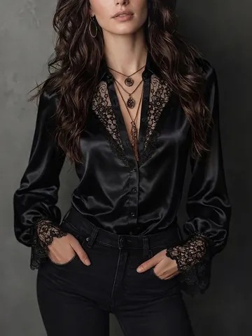 Elegante Damesblouse met V-hals Kant Patchwork Pofmouwen Lange Mouwen Polyester Chiffon Effen Kleur Niche Ontwerp Top