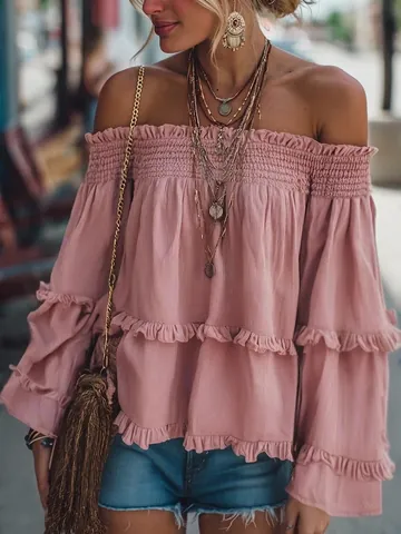 Dames Off-shoulder Ruffle Lange Mouw Polyester Top Casual Losjes Roze Blouse Effen Kleur Boheemse Mode Lente T-Shirt