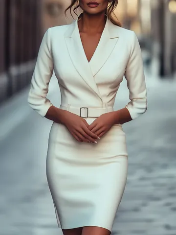 Elegante Abito Blazer Bianco da Donna Revers a Punta Midi Giuntura Slim Fit Ufficio Poliestere Manica a Nove Punti