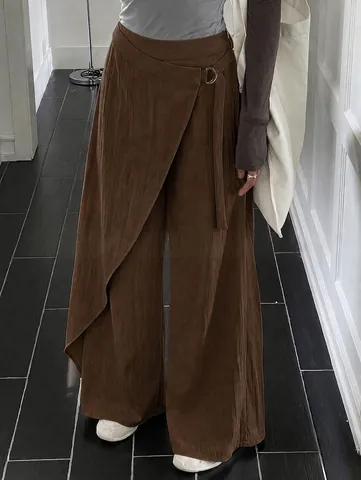 Women High Waist Wide Leg Pants Elegant Asymmetric Wrap Front With Metal Buckle Polyester Solid Color Straight Leg Trousers Bottom