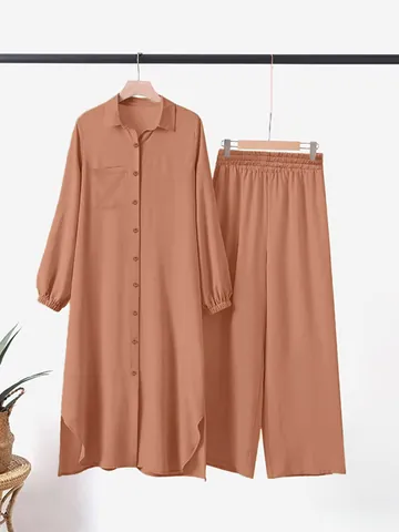 Women's Ice Silk Solid Color Two Piece Set Split Lapel Long Sleeve Shirt Wide Leg Pants Casual Matching Suit Loungewear