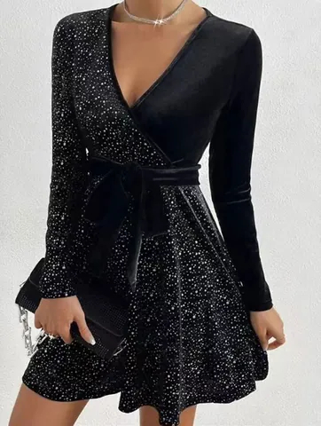 Elegant Women V Neck Long Sleeve Sequin Patchwork Velvet Midi Dress Fashion Loose Fit Party Evening Bodycon Wrap Dress