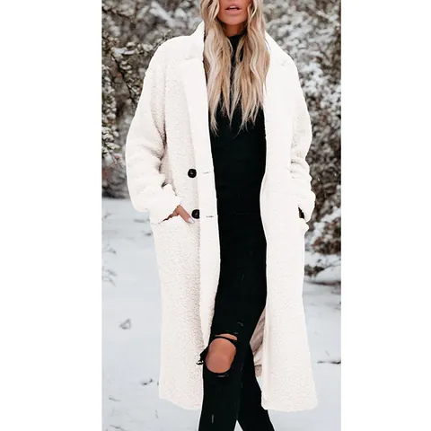 Women Fashion Solid Color Teddy Coat Long Sleeve Lapel Buttons Thick Warm Polyester Overcoat Outerwear Top