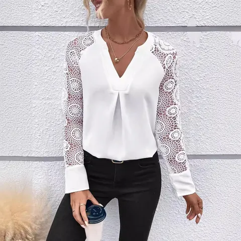 Maglietta da Donna con Scollo a V e Maniche Lunghe in Pizzo Patchwork Tinta Unita Top Casual Poliestere Bianco