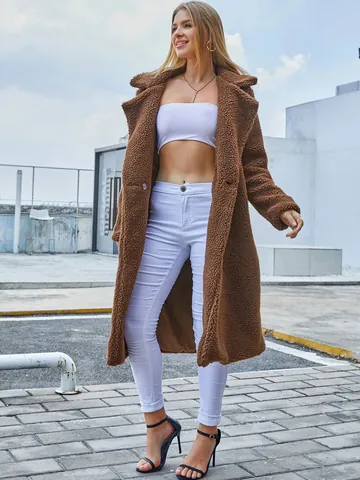 Women Long Faux Fur Teddy Coat Lapel Long Sleeve Double Sided Fleece Jacket Warm Solid Color Fashion Outerwear Top
