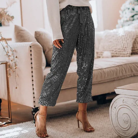 Women Sequin Casual Pants High Waist Ruffle Drawstring Urban Street Commute Shine Straight Leg Joggers Trousers Party Wear