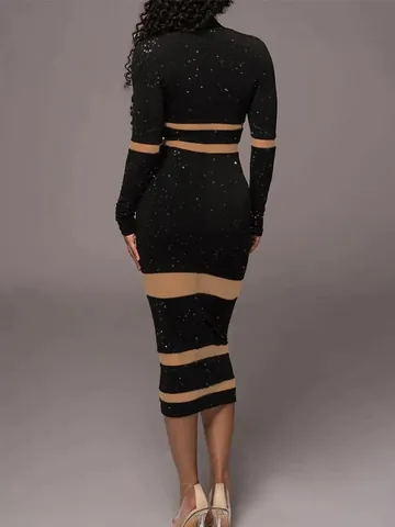 Φόρεμα Bodycon με Ψηλό Λαιμό και Μακριά Μανίκια Ριγέ Λαμπερό Patchwork Σέξι Στενή Εφαρμογή Μάξι Φόρεμα για Γυναίκες Πάρτι Κομψό