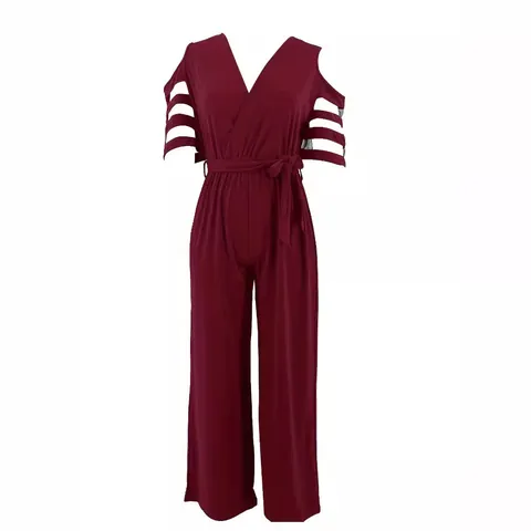 Women Sexy V Neck Cold Shoulder Jumpsuit High Waist Belted Wide Leg Mesh Stitched Polyester Fashion Casual Long Trousers