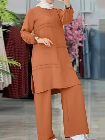Set Camicia a Maniche Lunghe e Pantaloni a Gamba Larga Elegante da Donna Completo Casual Patchwork Due Pezzi