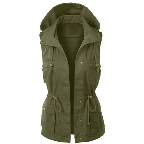 Dames Cargo Vest met Capuchon Trekkoord Taille Mouwloze Jas Gewatteerd Effen Kleur Gilet Outwear Multi Pocket Mode Top