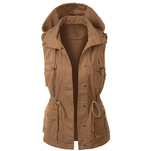 Dames Cargo Vest met Capuchon Trekkoord Taille Mouwloze Jas Gewatteerd Effen Kleur Gilet Outwear Multi Pocket Mode Top