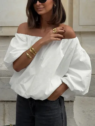Women Elegant Asymmetric Off Shoulder Cotton Shirt Blouse Puff Sleeve Casual Commute Top Solid Color Summer Clothing Design