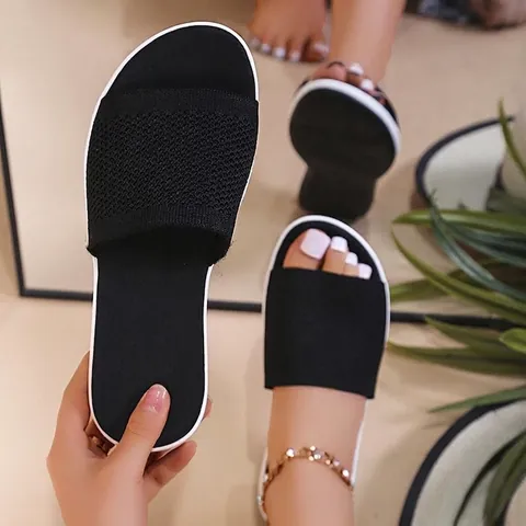 Women's Summer Knit Satin Platform Slippers Breathable Flat Slide Sandals Beach Casual Daily Wear Solid Color Shoes Plus Size