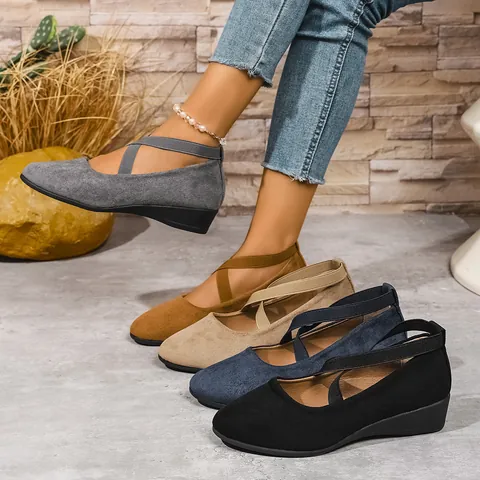 Women Casual Wedge Loafers Slip On Round Toe Sneakers Faux Suede Cross Elastic Strap Fashion Height Increasing Shoes