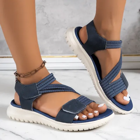 Women Casual Wedge Sandals Velcro Straps Elastic Band Cross Stitching Pattern Sporty Thick Sole Fashion Summer Footwear