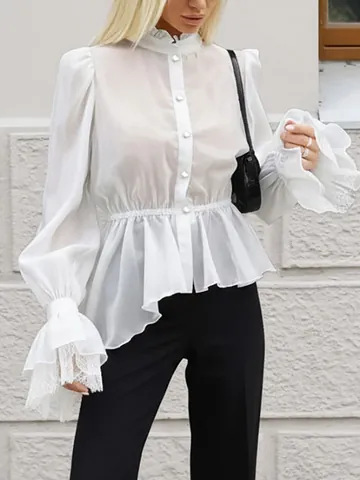 Chemisier en Tencel Français pour Femmes Manches Bouffantes Taille Fine Patchwork Dentelle Élégant Manches Longues Col Montant Haut