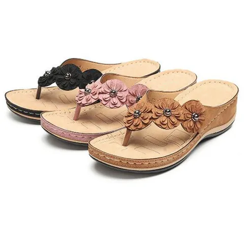 Dames Retro Handgemaakte Bloem Wedge Slippers Boheemse Platform Sandalen Casual Synthetisch Leer Strand Slippers Voor de Zomer