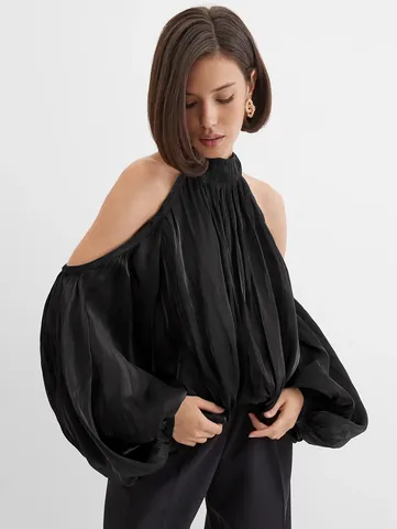 Κομψή Μπλούζα Halter με Έξωμους Γυναικεία Chic Μεταλλική Υφή Lurex Πλισέ Μακρύ Φουσκωτό Μανίκι Πουκάμισο Top