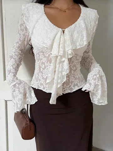 Camicetta in Pizzo Francese Con Volant e Maniche a Campana Scollo a V Elegante Bianca Donna Slim Commute Manica Lunga