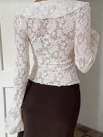 Camicetta in Pizzo Francese Con Volant e Maniche a Campana Scollo a V Elegante Bianca Donna Slim Commute Manica Lunga